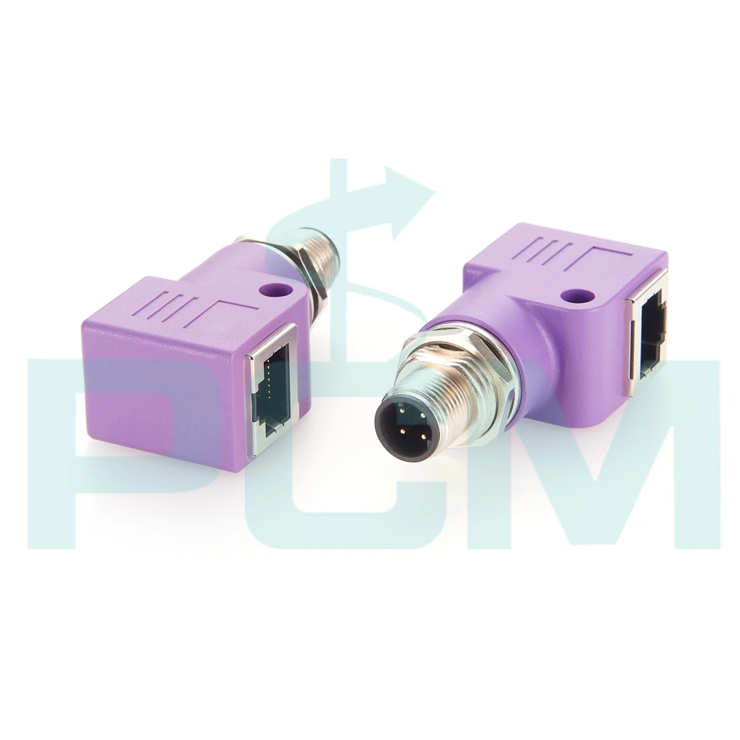 M12 D Code 4 Pin Male To RJ45 Female 90° Angled Connector